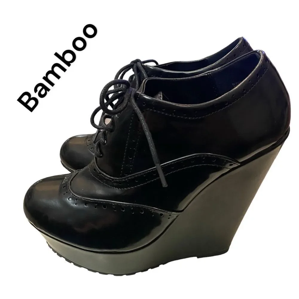 BAMBOO Booth Black Brogue Platform Wedge Oxfords 38.5  8.5